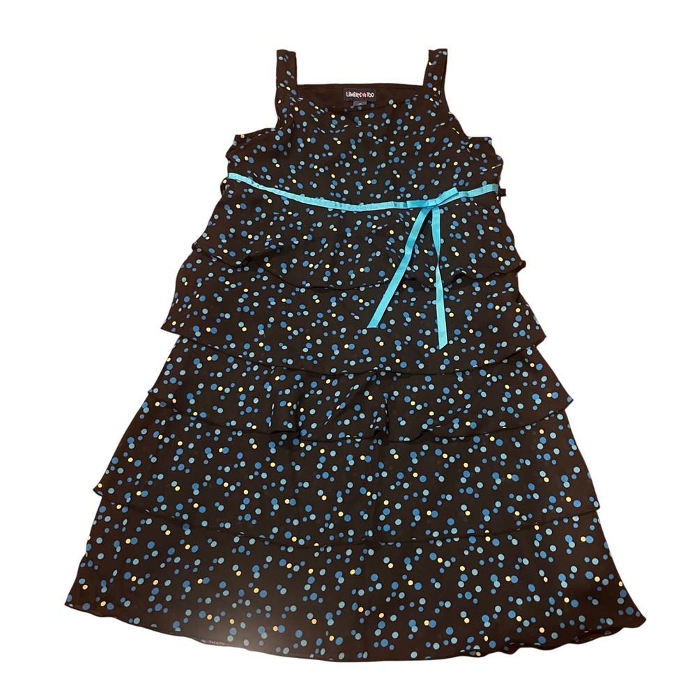 Limited Too Girls Black Polka Dot Tiered Ruffle Dress Blue Bow Size 12 Y2K